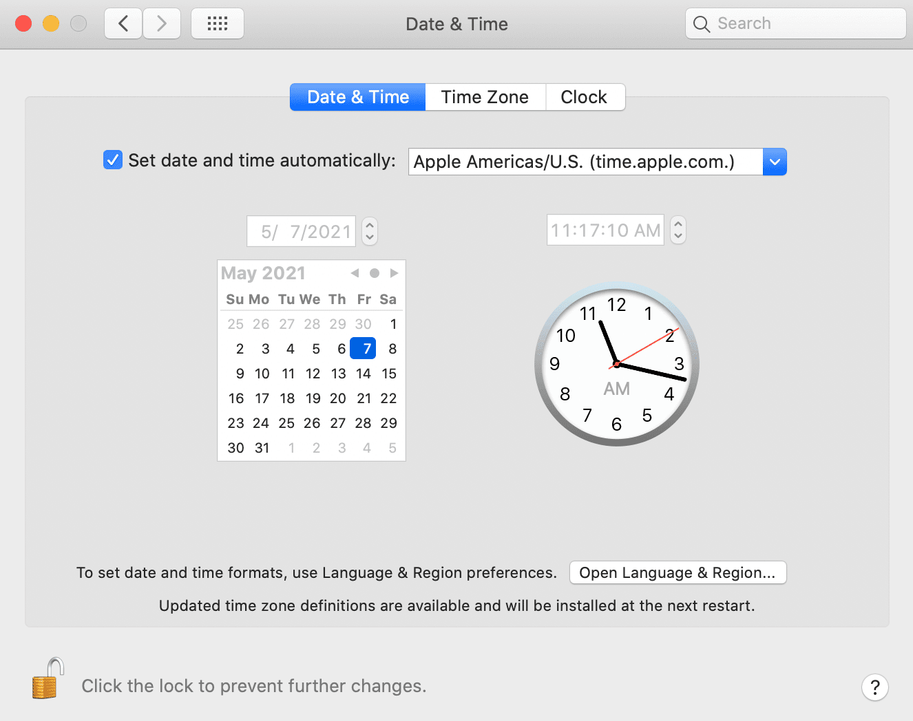 macOS的“日期和时间”设置