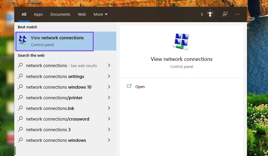 Windows菜单中的“查看网络连接”控制面板