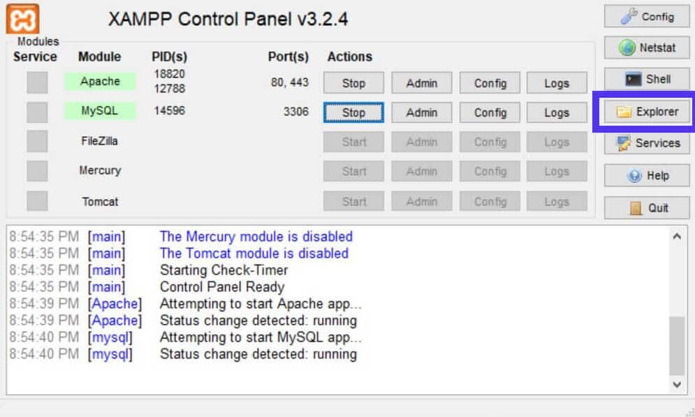 XAMPP控制面板中的资源管理器