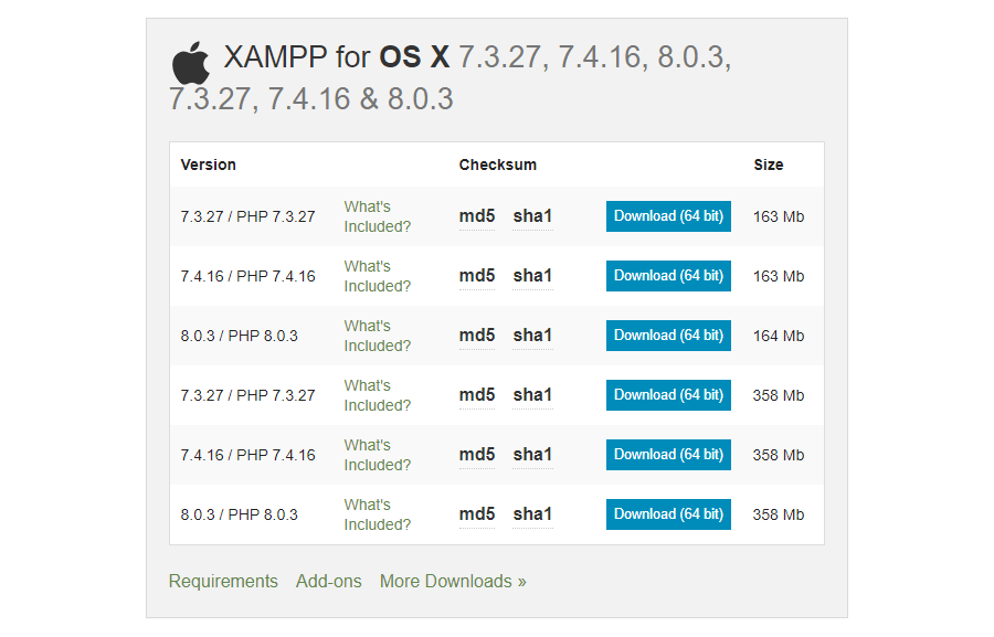 XAMPP OSX下载列表