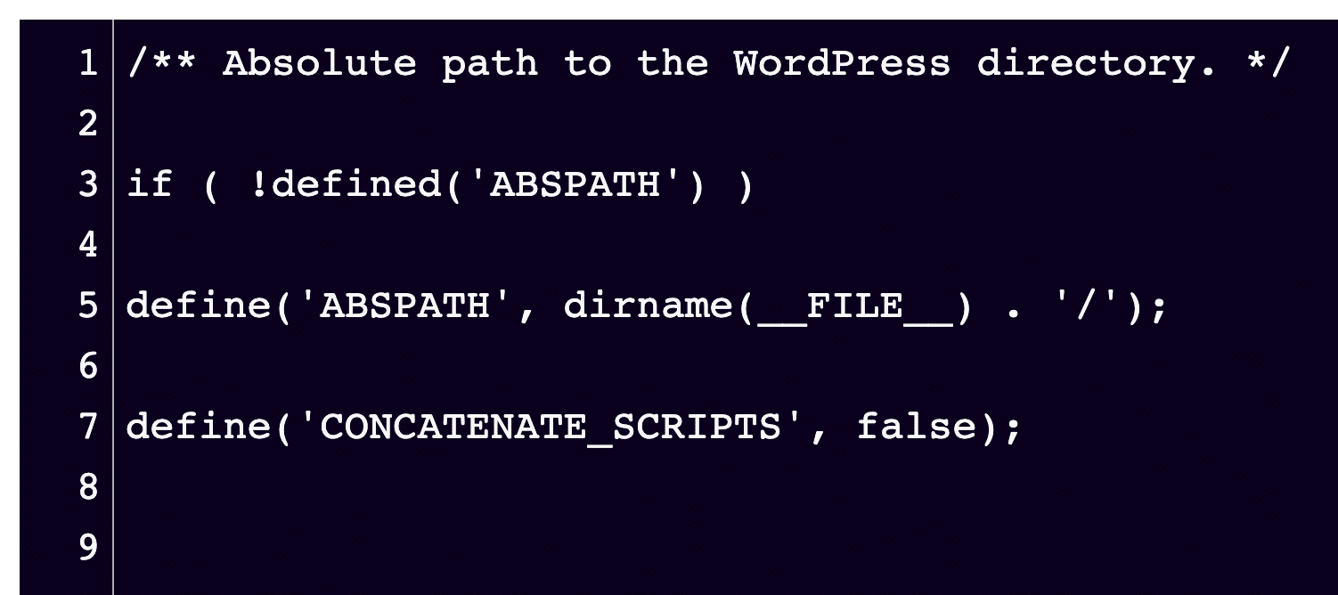 上述代码段在wp-config.php文件中的外观