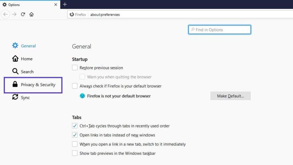 Firefox设置中的隐私和安全菜单选项