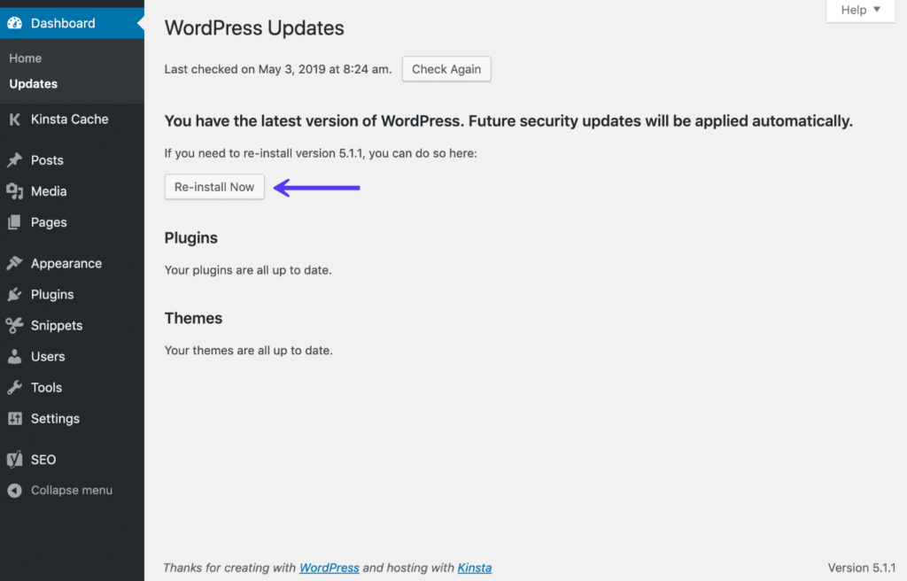 WordPress仪表盘立即重新安装选项