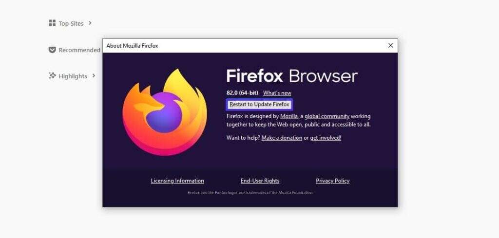 Firefox“重启更新”选项