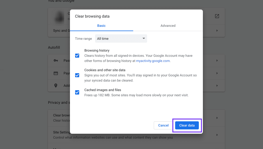 Chrome清除数据选项