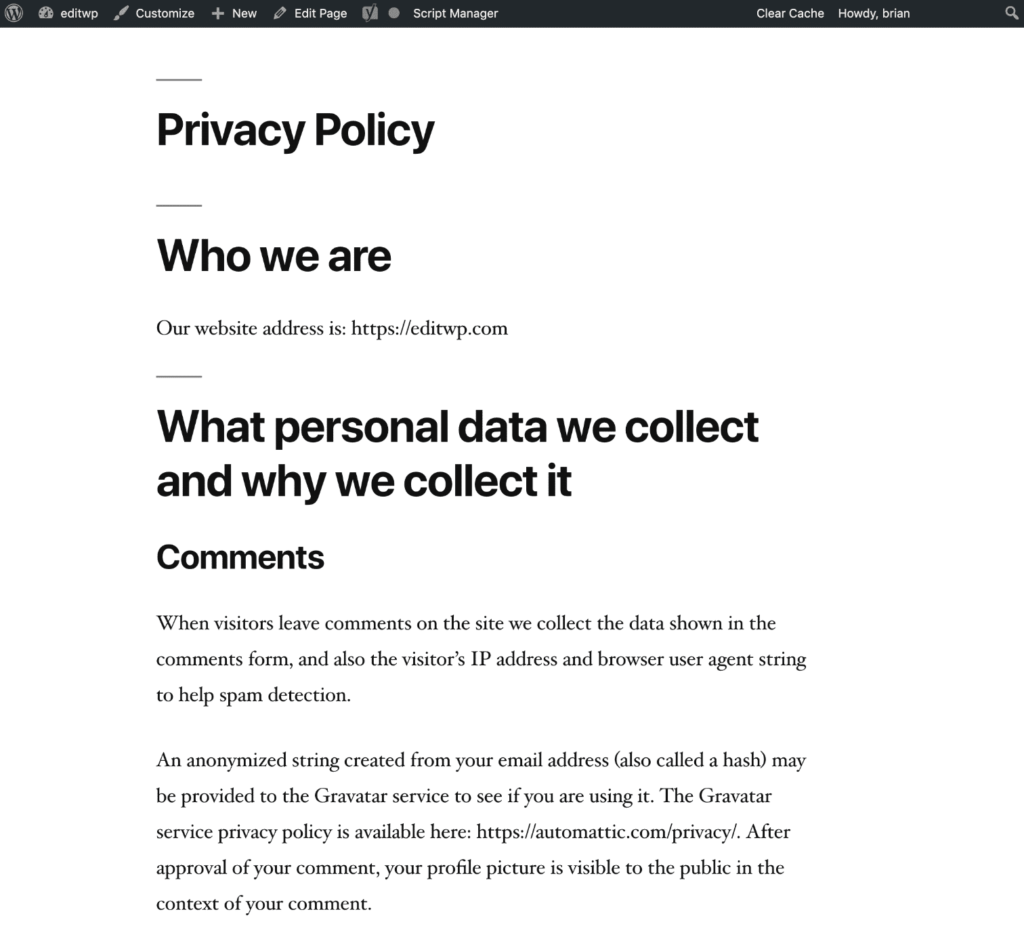 WordPress中的隐私政策页面示例