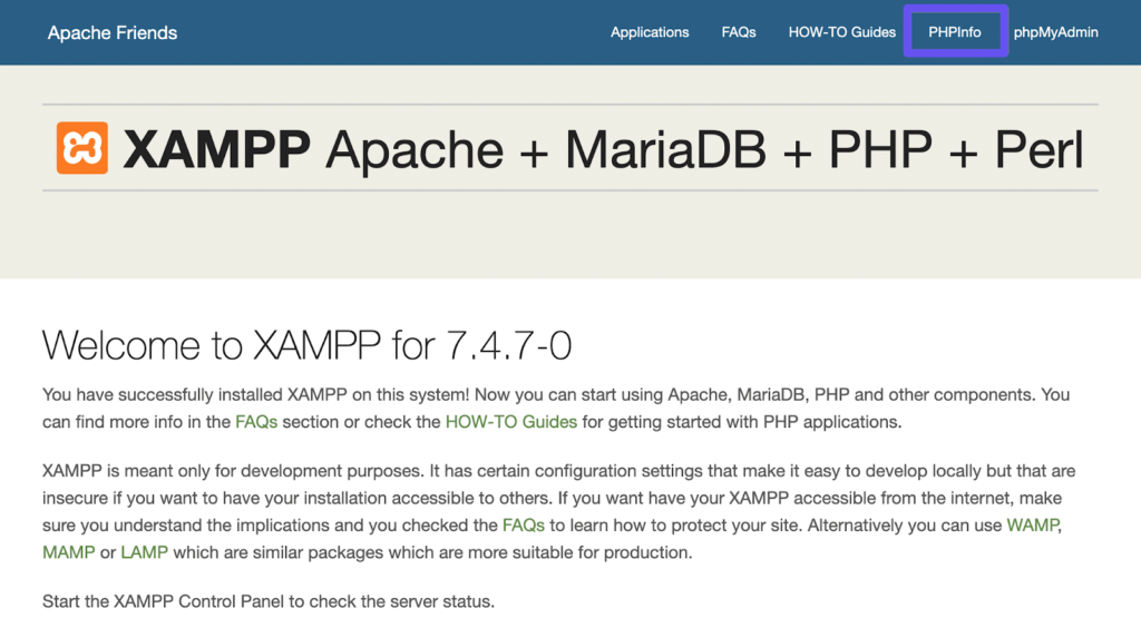 XAMPP仪表板中的PHPInfo链接
